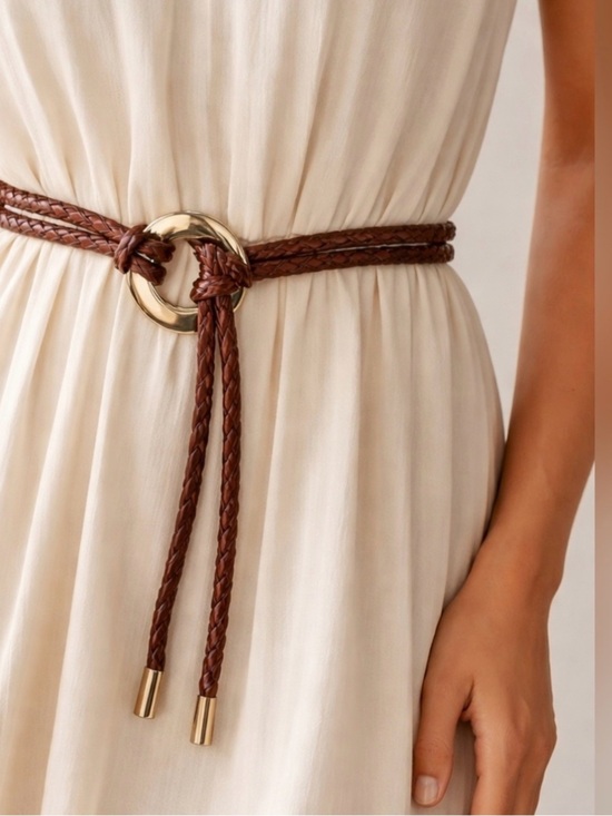 ESCADA Women’s Vintage Adjustable Braided Leather Goldtone O-Ring Belt